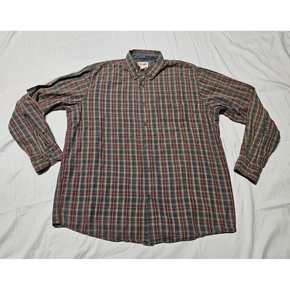 Wrangler Authentics Button Down Shirt Mens L Blue Red Plaid Long Sleeve Cotton